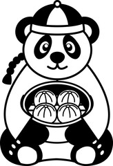 black and white illustration of a panda in traditional clothes holding steamed buns