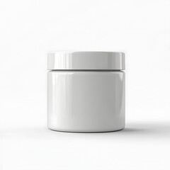 A cylindrical, white jar is displayed against a bright white background, showcasing simplicity and cleanliness.