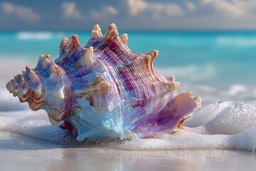 Seashell in gentle waves on beach