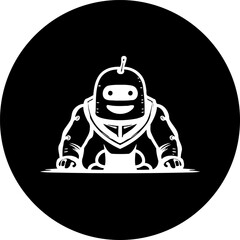 Stylized robot character illustration on dark circular background design
