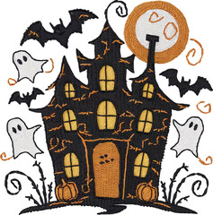 A spooky Halloween-themed vector illustration featuring a haunted house under a full moon, surrounded by bats, ghosts, and swirling elements. This eerie and whimsical design is perfect for seasonal de