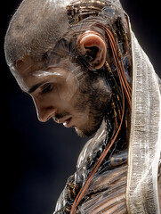 Synthetic Pulse: A Hyper-Realistic Full-Body Portrait of a Humanoid Cyborg with Translucent Elastic Skin, Wired Veins, and Futuristic Anatomy Illuminated Against a Stark Black Backdrop