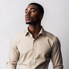 Obraz premium Portrait of a young man with a nose ring, wearing a beige button-down shirt against a white backdrop.