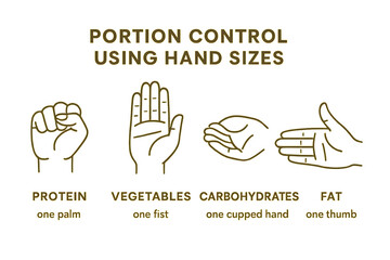A guide for portion control using hand sizes for protein, vegetables, carbohydrates, and fat. Concept 1, Protein Portion, Palm Size for Meat, Fish, or Eggs  .2, Vegetable Serving