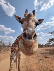 Obraz premium Close-up of a curious giraffe's face in a dry savannah landscape with distant trees and clouds
