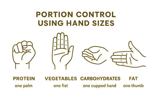 A guide for portion control using hand sizes for protein, vegetables, carbohydrates, and fat. Concept 1, Protein Portion, Palm Size for Meat, Fish, or Eggs  .2, Vegetable Serving