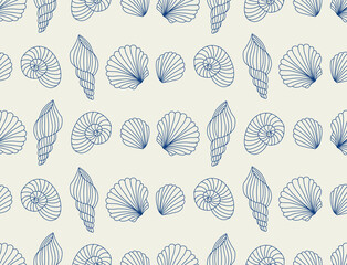 Underwater seamless pattern with seashells line art illustrations in white color on blue background. Scallop sketch, seashell line drawing. Summer ocean beach print for background, textile, fabric