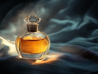 Elegant perfume bottle with gold liquid, set on a luxurious satin fabric