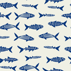 Fish pattern in white and shades of blue. Vector illustration.