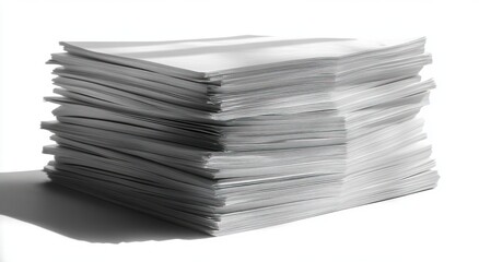 Large stack of plain white sheets of paper casting a shadow on a white surface with high contrast lighting
