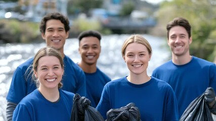 Dedicated volunteers work together to remove litter from a pristine riverbank. - Powered by Adobe