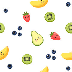 Cute kawaii summer fruit seamless vector pattern with strawberry, banana, mango, blueberry, and kiwi on white background. Colorful cartoon fruit background for kids, seasonal wrapping paper, holiday d