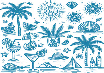 Hand-drawn  palm trees, lemons, cocktails, sun and sea, and seashells. Doodle sketch style with ink drawing aesthetics. Vacation and ocean lifestyle concept.