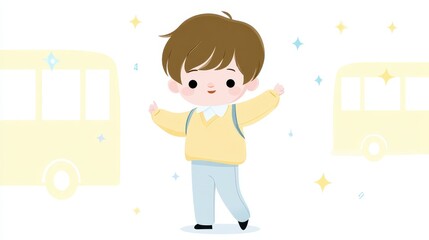 Naklejka premium Happy Cartoon Boy with School Bus Background