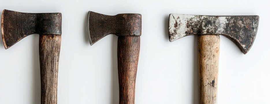 Three vintage axes with weathered heads and wooden handles - Powered by Adobe