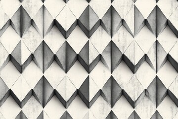 Close-up view of a geometric three-dimensional pattern on a concrete wall with repeating diamond shapes creating depth and shadows