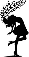 A creative black silhouette of a girl with butterflies flying from her head, symbolizing imagination, freedom, and transformation. Perfect for inspirational, mental health, or feminine-themed designs.