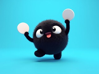 Fototapeta premium Cute black fluffy monster character holding two blank white circular signs for mockup, playful 3D mascot on blue background.