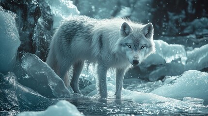 Obraz premium Majestic white wolf by icy water.