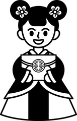 black and white icon of Chinese girl in traditional dress holding ang pao