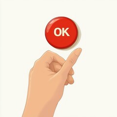 Illustration of a hand giving a thumbs-up gesture beneath a round red button with the word OK in white letters, symbolizing approval and positivity