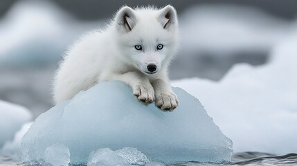 Naklejka premium Arctic fox pup resting on a large ice floe.