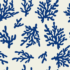 Blue coral seamless pattern on beige background in vintage style. Matisse-inspired modern abstract bluebackground. Vector design for textile, wrapping paper, greeting cards.
