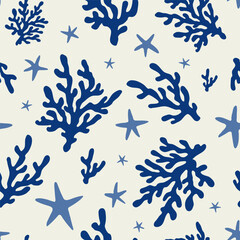 Coral seamless pattern background in vintage style in blue colors. Matisse-inspired modern abstract organic algae background. Vector design for textile, wrapping paper, greeting cards.