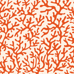 Red coral seamless pattern on beige background in vintage style. Matisse-inspired modern abstract organic algae background. Vector design for textile, wrapping paper, greeting cards.