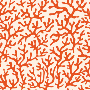 Fototapeta Red coral seamless pattern on beige background in vintage style. Matisse-inspired modern abstract organic algae background. Vector design for textile, wrapping paper, greeting cards.