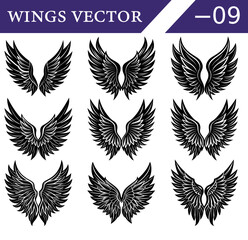 Fototapeta premium Gothic Fantasy Wings Vector Set – Detailed Black Feathered Silhouettes of Angel and Demon Wings for Tattoos, Posters, and Mystical Illustration Concepts.