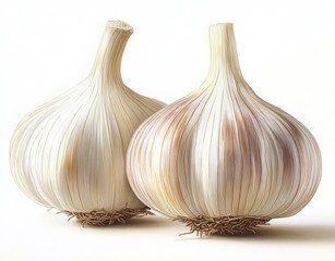 Obraz premium Two whole garlic bulbs with papery outer layers and visible roots against a clean white background, highlighting natural textures and subtle color variations
