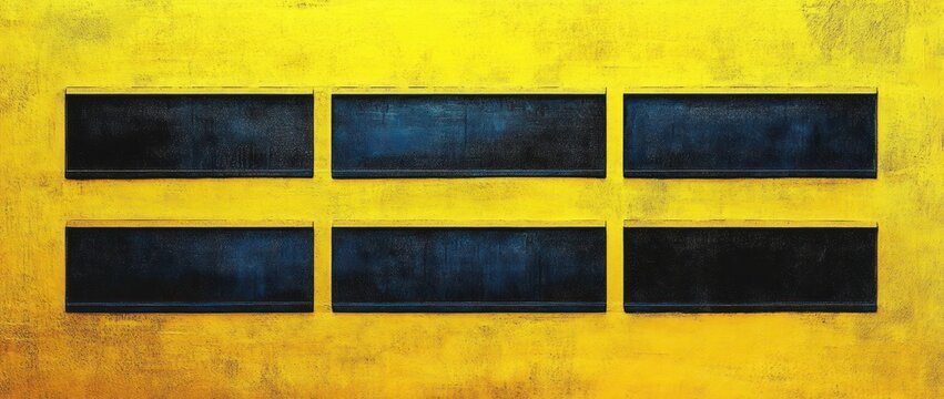 Bright yellow textured wall with six black rectangular windows arranged in two rows creating contrast and geometric pattern