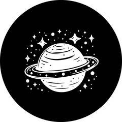 Stylized celestial sphere with orbit and stars against a stark dark backdrop