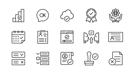 Approval line icon set. Quality Control, business audit, agreement, check, certified, permission, tick, yes, checklist, finance, accept, correct, agree, outline vector icon. UI thin outline icon pack