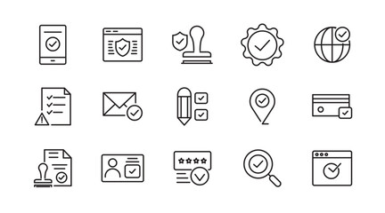 Approval line icon set. Quality Control, business audit, agreement, check, certified, permission, tick, yes, checklist, finance, accept, correct, agree, outline vector icon. UI thin outline icon pack