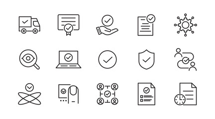 Approval line icon set. Quality Control, business audit, agreement, check, certified, permission, tick, yes, checklist, finance, accept, correct, agree, outline vector icon. UI thin outline icon pack