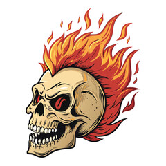 A fiery skull, engulfed in flames, features a spiked mohawk and glowing red-hot teeth, rendered in intense detail.