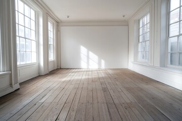 Obraz premium Empty, sunlit room with wide windows and light wooden floors