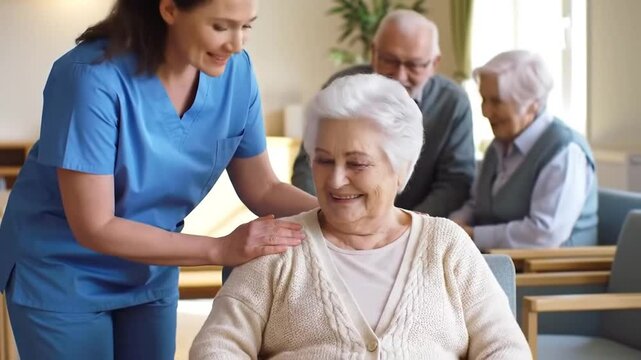 Caretaker Comforting and Smiling Elderly Woman with White Hair in Cream Cardigan with a Man and Woman with Gray Hair Sitting in the Background