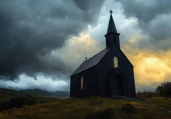 Fototapeta premium Small black wooden church on grassy hill under dramatic cloudy sky with golden light breaking through at dusk