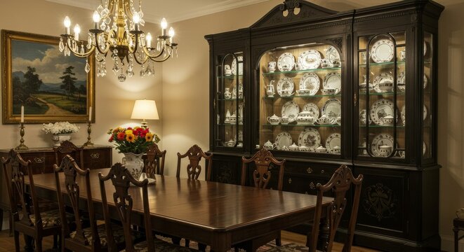 Elegant Dining Room with Antique China Cabinet and Crystal Chandelier