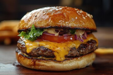 Juicy cheeseburger with melted cheddar cheese, fresh lettuce, tomato slice, and sauce in sesame seed bun on wooden surface