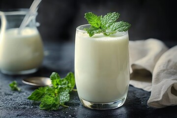 A glass of creamy white beverage garnished with fresh mint leaves on a dark textured surface with additional mint sprigs and a small jug of the beverage in the background
