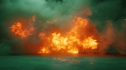 Fototapeta premium Infernal Blaze: A fiery spectacle of intense combustion, captured in a dramatic, smoky setting.