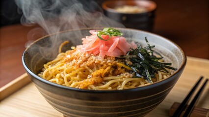 Yakisoba noodles cooking on griddle with authentic Japanese toppings close up