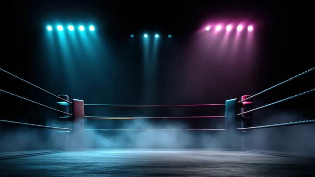Empty boxing ring with blue and purple spotlights, fog on floor, ropes and corner pads creating dramatic atmosphere in dark arena for intense sports competition and fight event