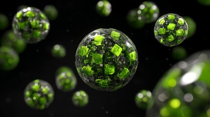 Detailed Visualization of Green Bubbles and Spheres with Crystals in a Dark Background for Scientific Illustrations