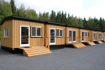 Construction trailers lined up in a forested area for onsite office space during a building project