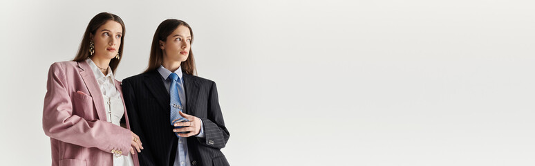 Stylish twin sisters embody elegance and fashion in a modern studio setting